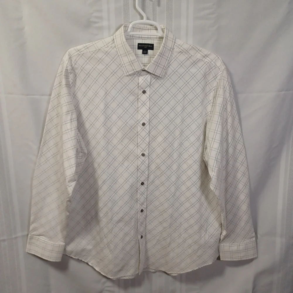 Banana Republic Shirt Mens XXL White Grid 577436 Cotton Long Sleeve Button Down